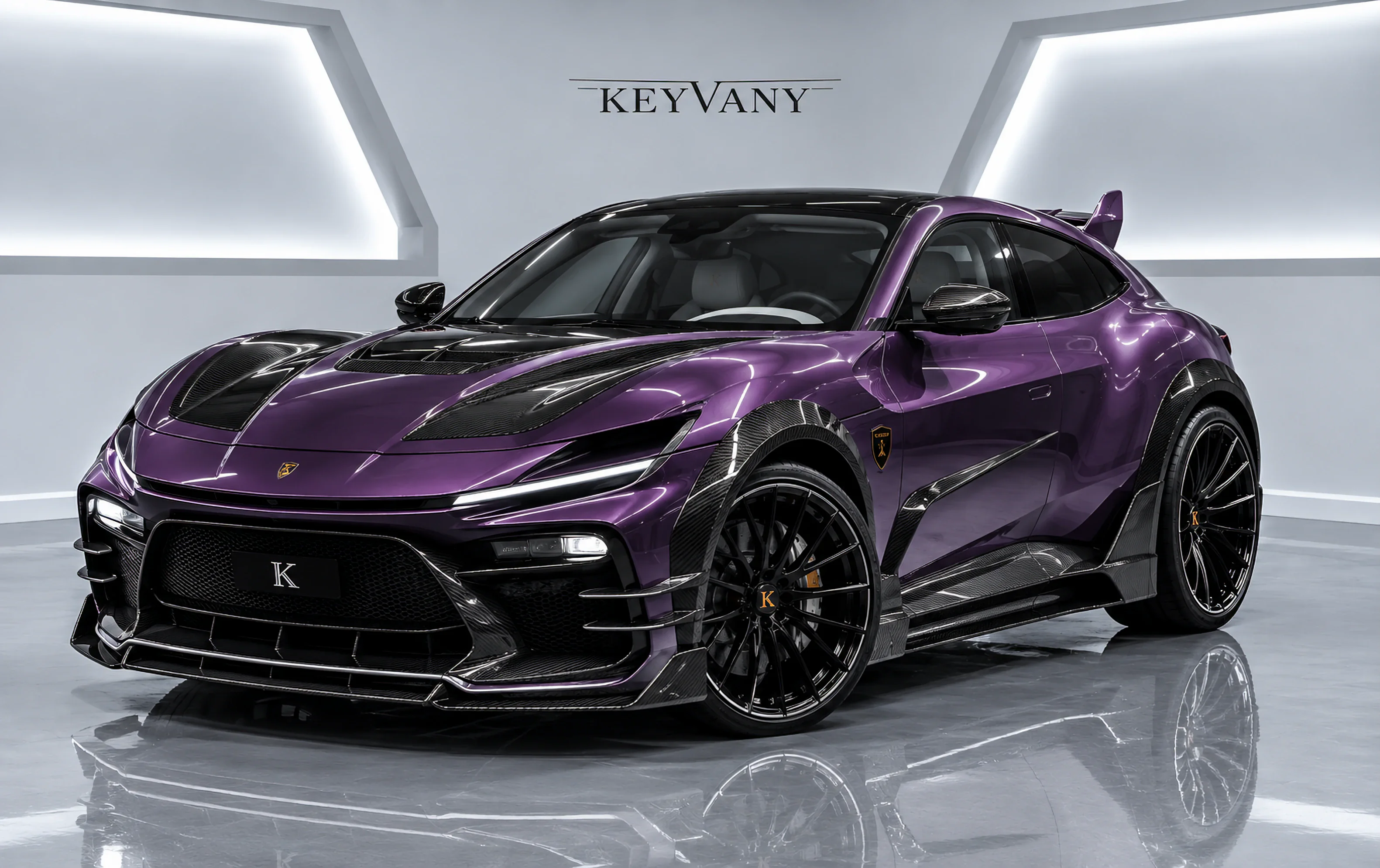 Cinematic Dubai atelier portrait of KEYVANY Purosangue Purple
